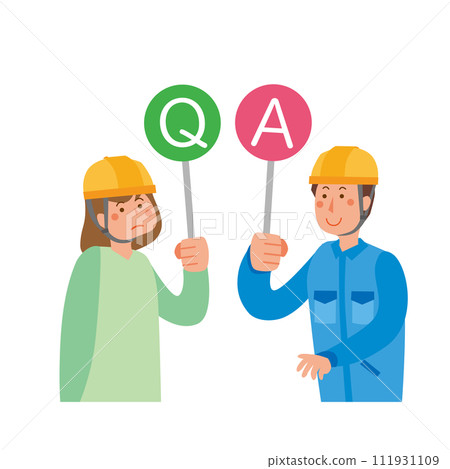 A woman asking a question and a male worker answering A woman asking a question and a male worker answering 111931109