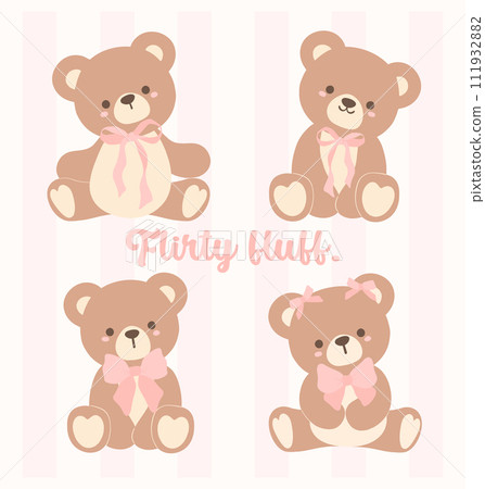 Set of cute Coquette Teddy Bear with Pink Ribbon Bow, Adorable Illustration Set of cute Coquette Teddy Bear with Pink Ribbon Bow, Adorable Illustration 111932882