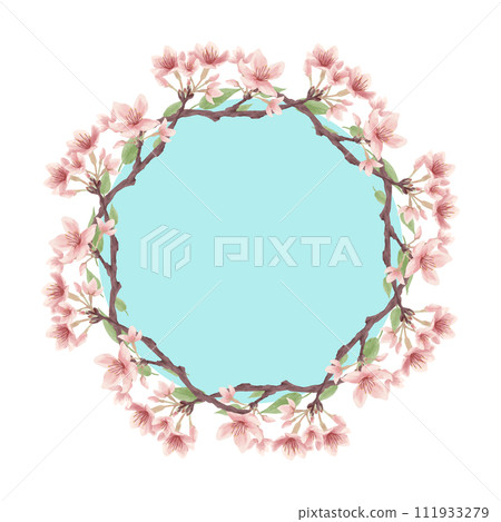 Light blue leaf cherry blossom round vector frame 01 (watercolor style) 111933279