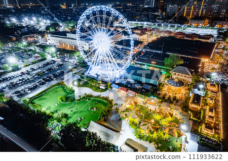 Aerial view of Asiatique The Riverfront open night market at the Chao Phraya river in Bangkok Aerial view of Asiatique The Riverfront open night market at the Chao Phraya river in Bangkok 111933622
