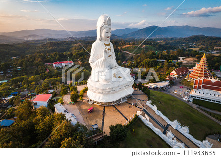 Aerial view of Wat Huay Pla Kang: Goddess of Mercy, in Chiang Rai, Thailand 111933635
