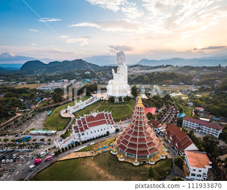 Aerial view of Wat Huay Pla Kang: Goddess of Mercy, in Chiang Rai, Thailand 111933870
