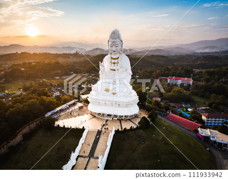 Aerial view of Wat Huay Pla Kang: Goddess of Mercy, in Chiang Rai, Thailand 111933942