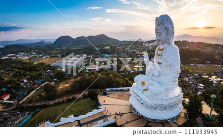 Aerial view of Wat Huay Pla Kang: Goddess of Mercy, in Chiang Rai, Thailand 111933945