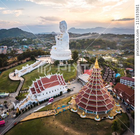 Aerial view of Wat Huay Pla Kang: Goddess of Mercy, in Chiang Rai, Thailand 111933981
