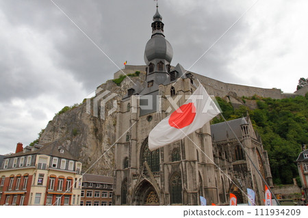 Dinant, a city in the Walloon region of Namur, Belgium in Western Europe, view of Notre Dame church and Citadelle fortress 111934209
