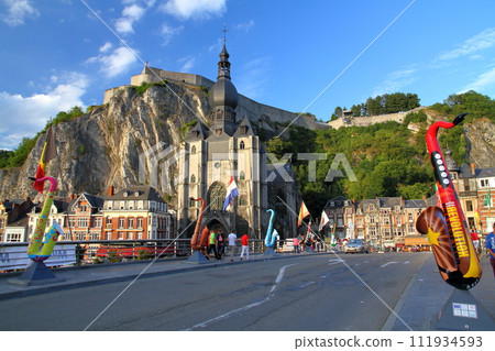 Dinan, a Belgian city in Western Europe, from Charles de Gaulle Bridge lined with saxophones to Notre Dame Church and Citadel 111934593