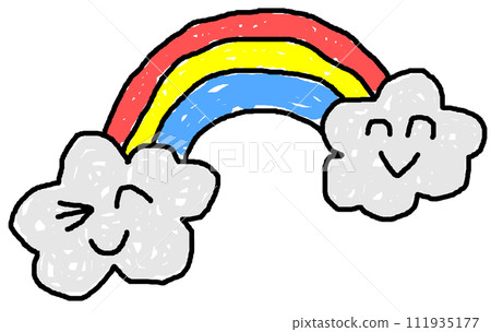 孩子畫的可愛雲朵和彩色彩虹的插圖 111935177