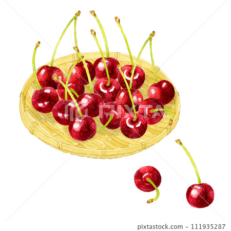 American cherries on a bamboo colander, hand-drawn watercolor illustration of fruit American cherries on a bamboo colander, hand-drawn watercolor illustration of fruit 111935287