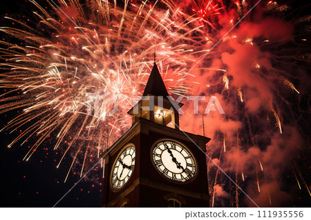 Old clock tower and fireworks in Prague, Czech Republic during the celebration of the Czech Republic. Generative AI Old clock tower and fireworks in Prague, Czech Republic during the celebration of the Czech Republic. Generative AI 111935556