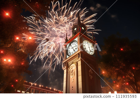 Clock tower and fireworks at night, in the city of Seoul, Generative AI 111935593