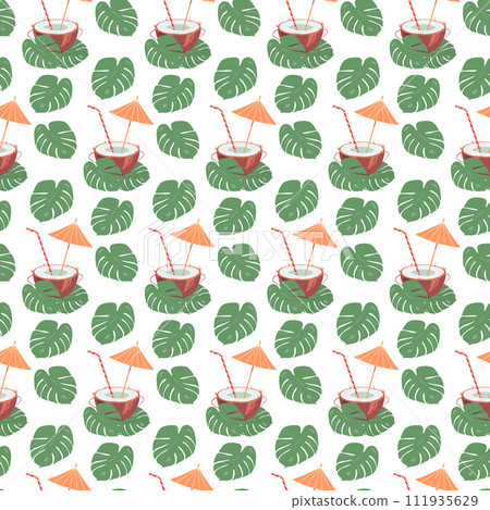 Half coconut and cocktail straw and umbrella inside with monstera leaves. Summer seamless pattern Half coconut and cocktail straw and umbrella inside with monstera leaves. Summer seamless pattern 111935629