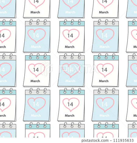 Seamless pattern of Calendar page with White Day date 14 March and heart shape stroke by hand around 111935633