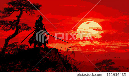 A samurai holding a sword against the setting sun 111936485