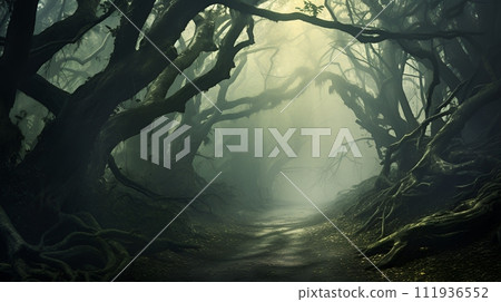 A dark and mysterious forest with a path leading through it. 111936552