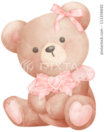 Adorable Coquette Teddy Bear with pink ribbon bow Watercolor Illustration Adorable Coquette Teddy Bear with pink ribbon bow Watercolor Illustration 111936692