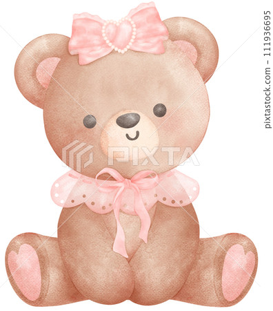 Adorable Coquette Teddy Bear with pink ribbon bow Watercolor Illustration 111936695