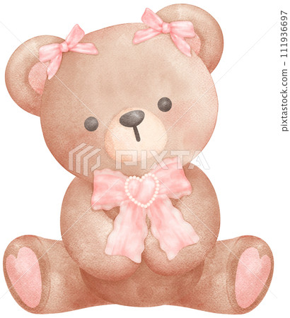 Adorable Coquette Teddy Bear with pink ribbon bow Watercolor Illustration 111936697