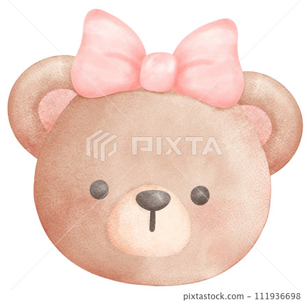 Adorable Coquette Teddy Bear with pink ribbon bow Watercolor Illustration 111936698