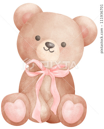 Adorable Coquette Teddy Bear with pink ribbon bow Watercolor Illustration Adorable Coquette Teddy Bear with pink ribbon bow Watercolor Illustration 111936701