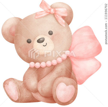 Adorable Coquette Teddy Bear with pink ribbon bow Watercolor Illustration Adorable Coquette Teddy Bear with pink ribbon bow Watercolor Illustration 111936702