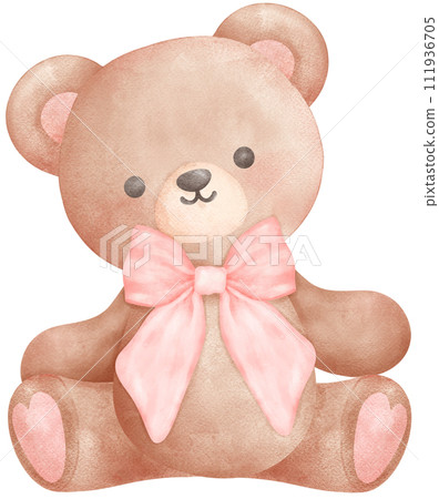Adorable Coquette Teddy Bear with pink ribbon bow Watercolor Illustration 111936705