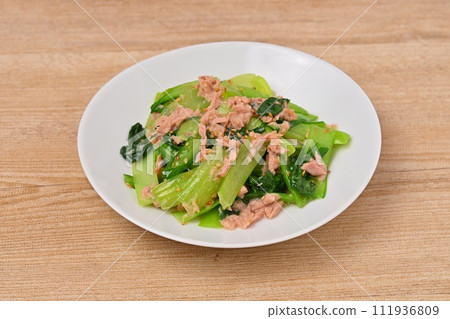 A Japanese dish of komatsuna and canned tuna. A Japanese dish of komatsuna and canned tuna. 111936809