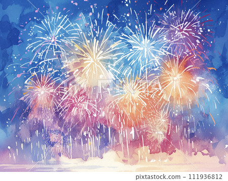 Watercolor painting of fireworks lighting up the night sky AI image 111936812