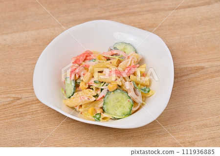 Homemade Crab Stick/Macaroni Salad, Macaroni, Crab Stick, Corn, Cucumber, Kaiware, Lotus Root 111936885