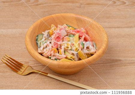 Homemade Crab Stick/Macaroni Salad, Macaroni, Crab Stick, Corn, Cucumber, Kaiware, Lotus Root 111936888