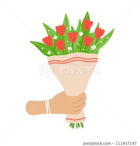 Hand icon holding bouquet with tulips. Hand drawn flat cartoon element. Vector illustration 111937197