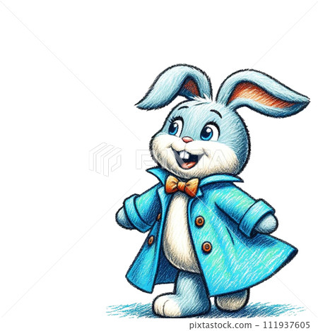 Illustration Mr. Rabbit looking happy wearing a blue coat Generate AI 111937605
