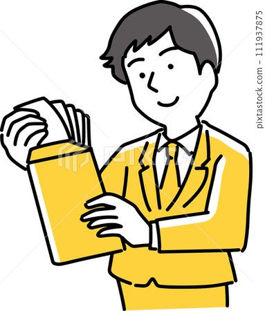 A man takes out bills from an envelope and looks at them 111937875