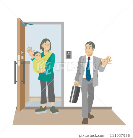 媽媽抱著寶寶在門口送別上班的爸爸插畫 媽媽抱著寶寶在門口送別上班的爸爸插畫 111937926