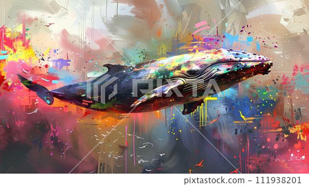 Humpback whale with colorful watercolor paint splashes. 3d rendering Humpback whale with colorful watercolor paint splashes. 3d rendering 111938201