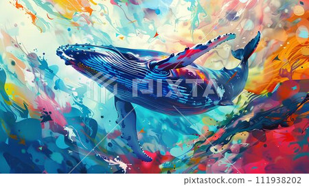 Humpback whale with colorful watercolor paint splashes. 3d rendering Humpback whale with colorful watercolor paint splashes. 3d rendering 111938202