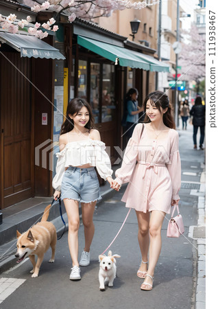 Young woman enjoying a walk with her dog AI gravure AI photo AI image 111938467