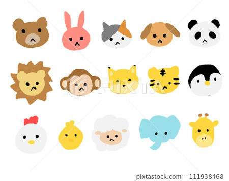 一組手繪插畫,各種動物面孔,彷彿是孩子用蠟筆畫的(向量版) 一組手繪插畫,各種動物面孔,彷彿是孩子用蠟筆畫的(向量版) 111938468