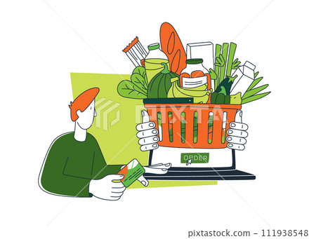 Grocery courier delivering online shop order background pattern. 111938548