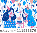 AI-generated content. Two happy girls celebrating and partying with balloons and birthday, cake. Retro linography style of illustration 111938876