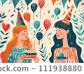 AI-generated content. Two happy girls celebrating and partying with balloons and birthday, cake. Retro linography style of illustration 111938880