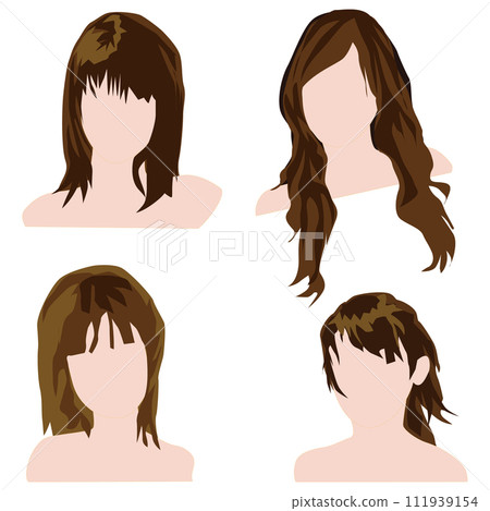 Illustration set 05 of a faceless head that depicts a woman's hairstyle as simplified blocks and painted with fewer colors. 111939154