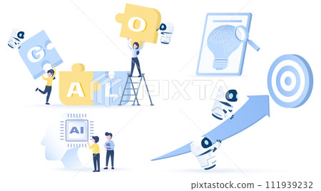 Artificial Intelligence (AI) technology and growth business collection set. Collaboration between human and AI robot, complete puzzle jigsaw, goal setting, strategy plan. Flat vector illustration. Artificial Intelligence (AI) technology and growth business collection set. Collaboration between human and AI robot, complete puzzle jigsaw, goal setting, strategy plan. Flat vector illustration. 111939232
