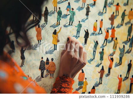 Young woman in orange dress writing on the wall with different people silhouettes 111939286