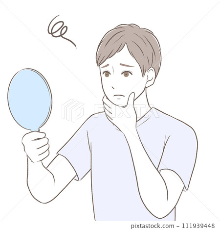 一個擔心的男人拿著手鏡檢查他的鬍子 一個擔心的男人拿著手鏡檢查他的鬍子 111939448