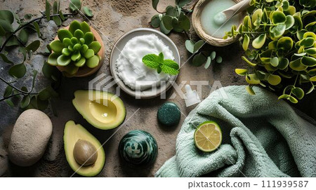 Beautiful spa composition with avocado, sea salt and towel on white table. Healthy skin from natural concepts 111939587