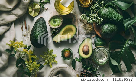 Beautiful spa composition with avocado, sea salt and towel on white table. Healthy skin from natural concepts 111939588