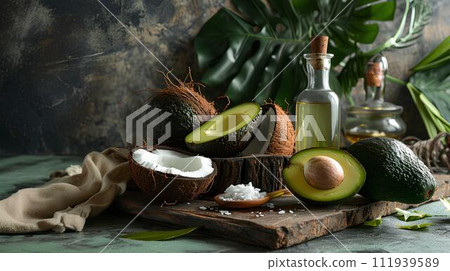 Beautiful spa composition with avocado, sea salt and towel on white table. Healthy skin from natural concepts 111939589