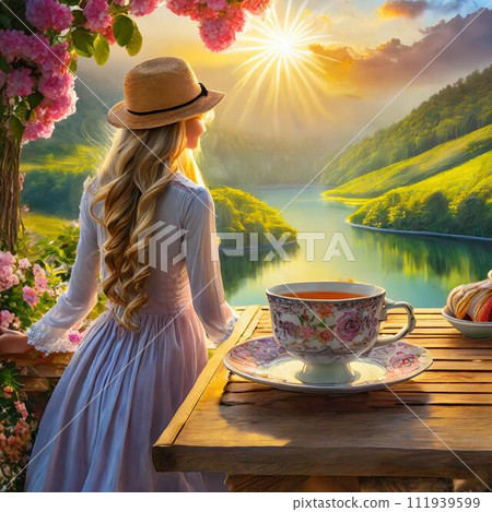 Rear view of a woman looking at the river flow 111939599
