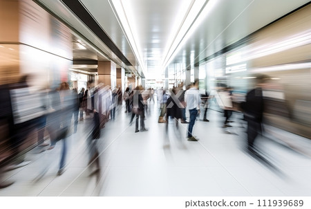 Abstract blurred background of business busy people walking on sidewalk at business center in the city. 111939689